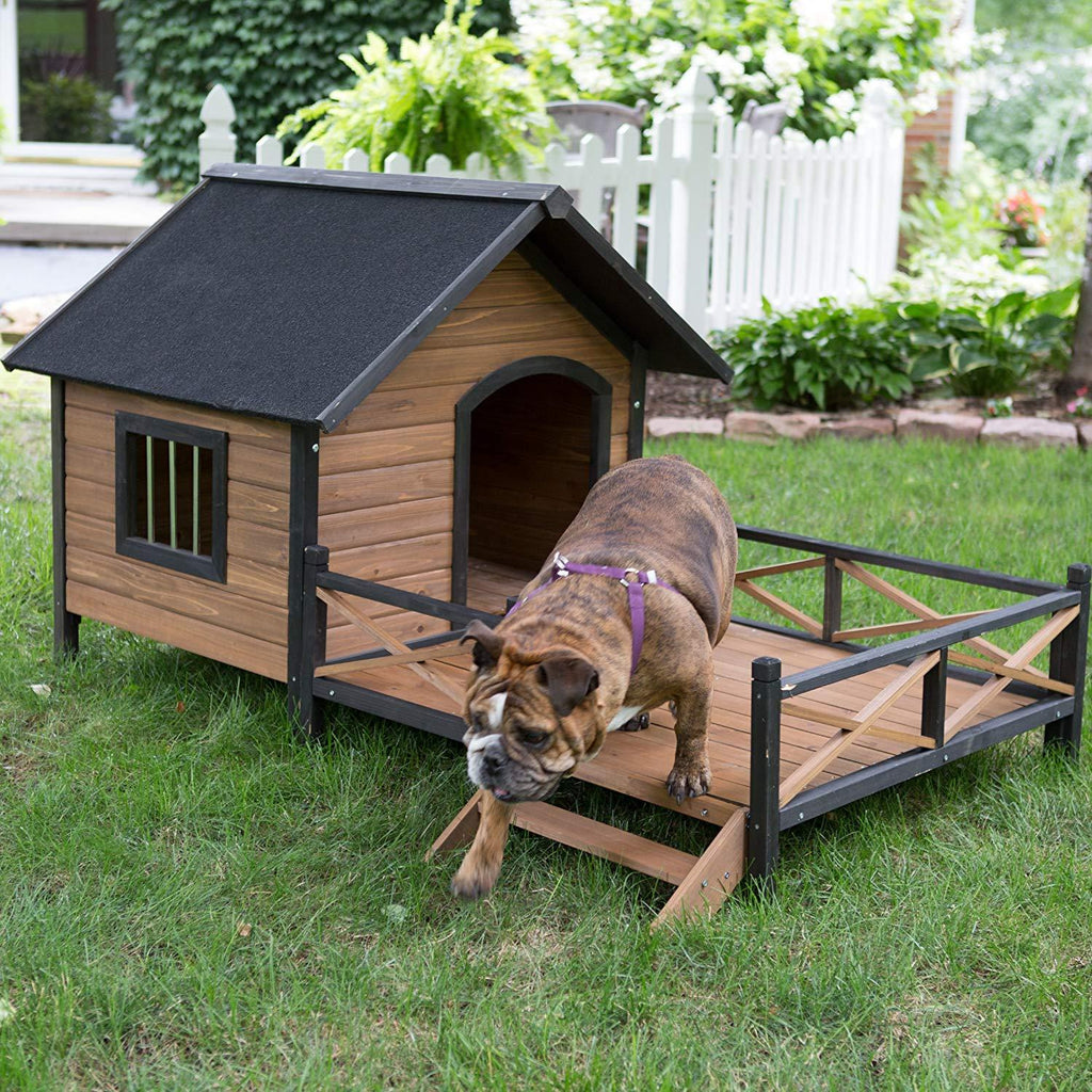 LarDog House Lodwith Porch Deck Kennels Crates Solid Fir Spacious Deck for Sunny Nap Insulated Keep Rain Out Outdoor 67w X 31d X 38h