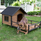 LarDog House Lodwith Porch Deck Kennels Crates Solid Fir Spacious Deck for Sunny Nap Insulated Keep Rain Out Outdoor 67w X 31d X 38h
