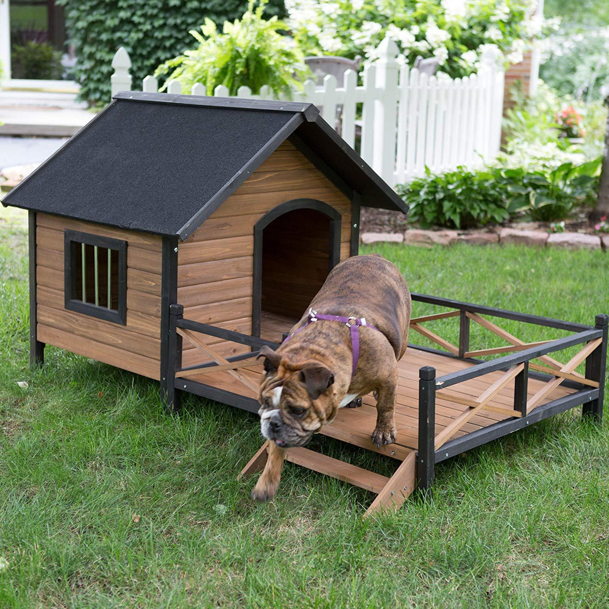 LarDog House Lodwith Porch Deck Kennels Crates Solid Fir Spacious Deck for Sunny Nap Insulated Keep Rain Out Outdoor 67w X 31d X 38h