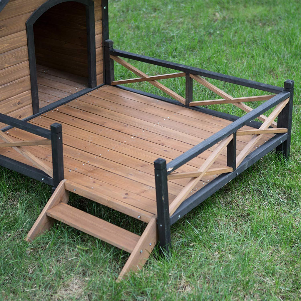 LarDog House Lodwith Porch Deck Kennels Crates Solid Fir Spacious Deck for Sunny Nap Insulated Keep Rain Out Outdoor 67w X 31d X 38h