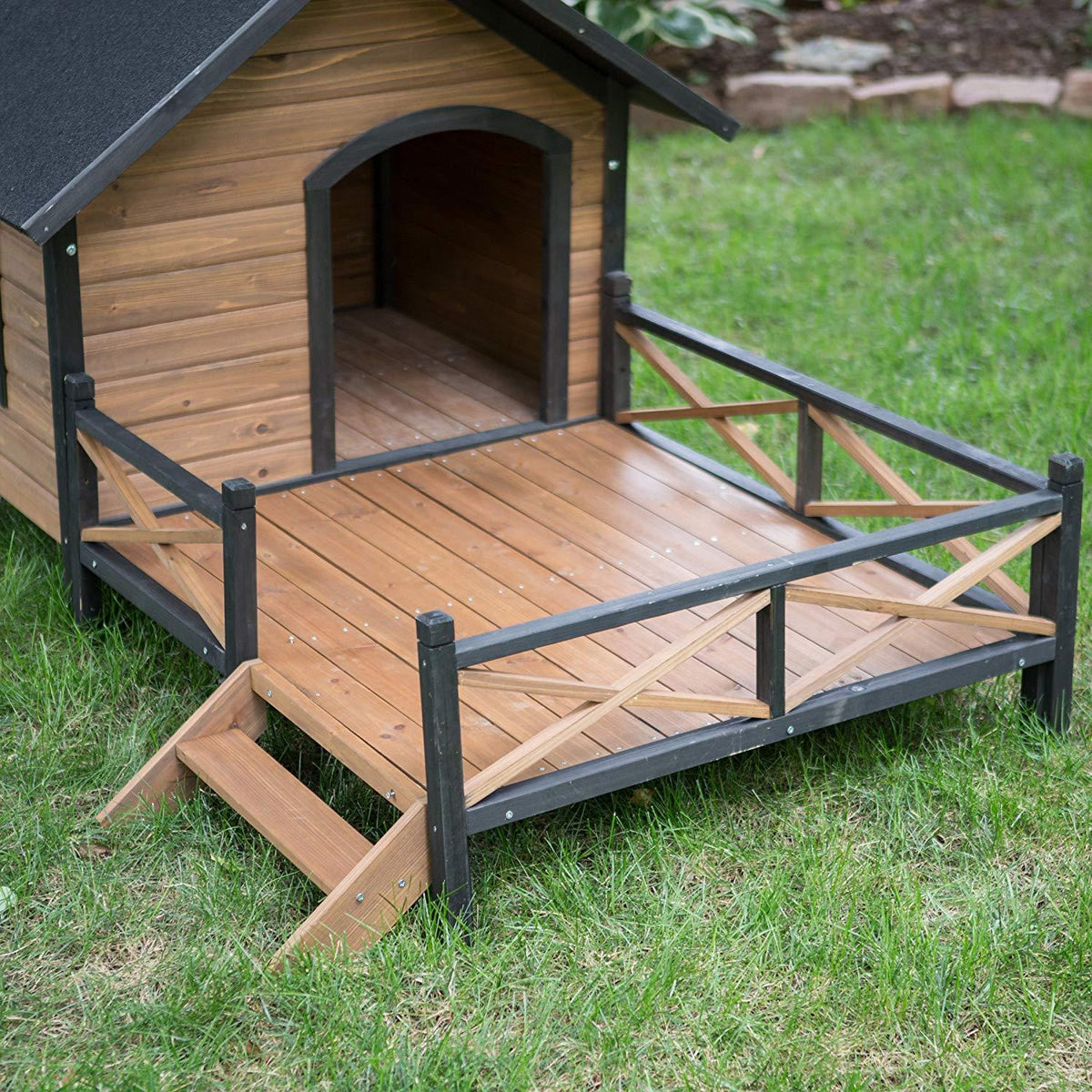 LarDog House Lodwith Porch Deck Kennels Crates Solid Fir Spacious Deck for Sunny Nap Insulated Keep Rain Out Outdoor 67w X 31d X 38h