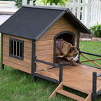 LarDog House Lodwith Porch Deck Kennels Crates Solid Fir Spacious Deck for Sunny Nap Insulated Keep Rain Out Outdoor 67w X 31d X 38h
