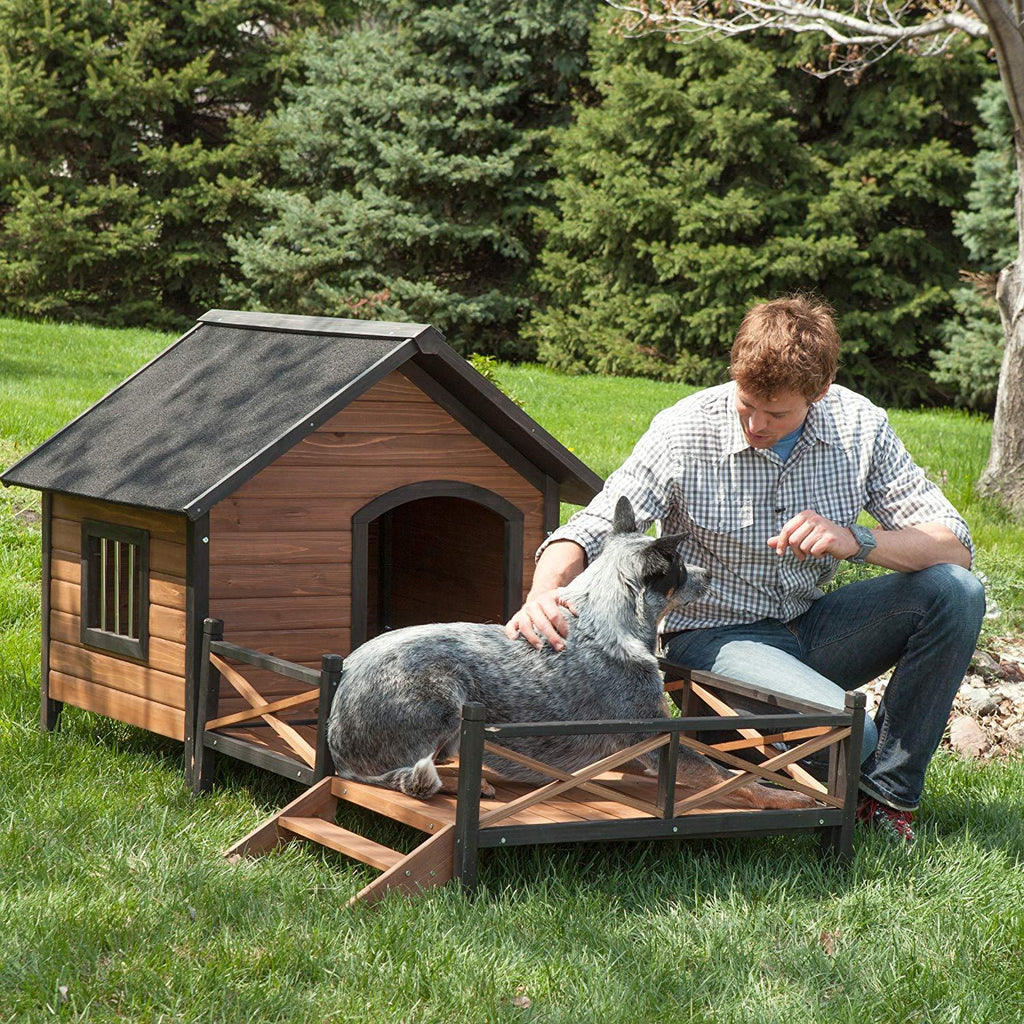 LarDog House Lodwith Porch Deck Kennels Crates Solid Fir Spacious Deck for Sunny Nap Insulated Keep Rain Out Outdoor 67w X 31d X 38h