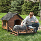 LarDog House Lodwith Porch Deck Kennels Crates Solid Fir Spacious Deck for Sunny Nap Insulated Keep Rain Out Outdoor 67w X 31d X 38h