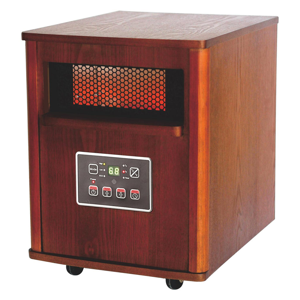Optimus H-8121 3-Setting 1,500-Watt-Max Portable Wood-Cabinet Infrared Quartz Heater with Remote, LED Display, and Wheeled Base