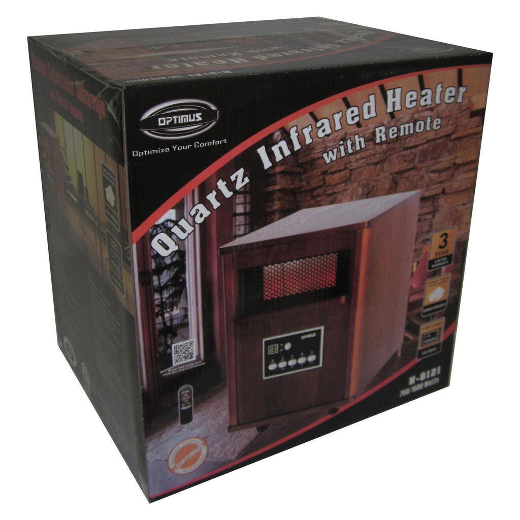 Optimus H-8121 3-Setting 1,500-Watt-Max Portable Wood-Cabinet Infrared Quartz Heater with Remote, LED Display, and Wheeled Base