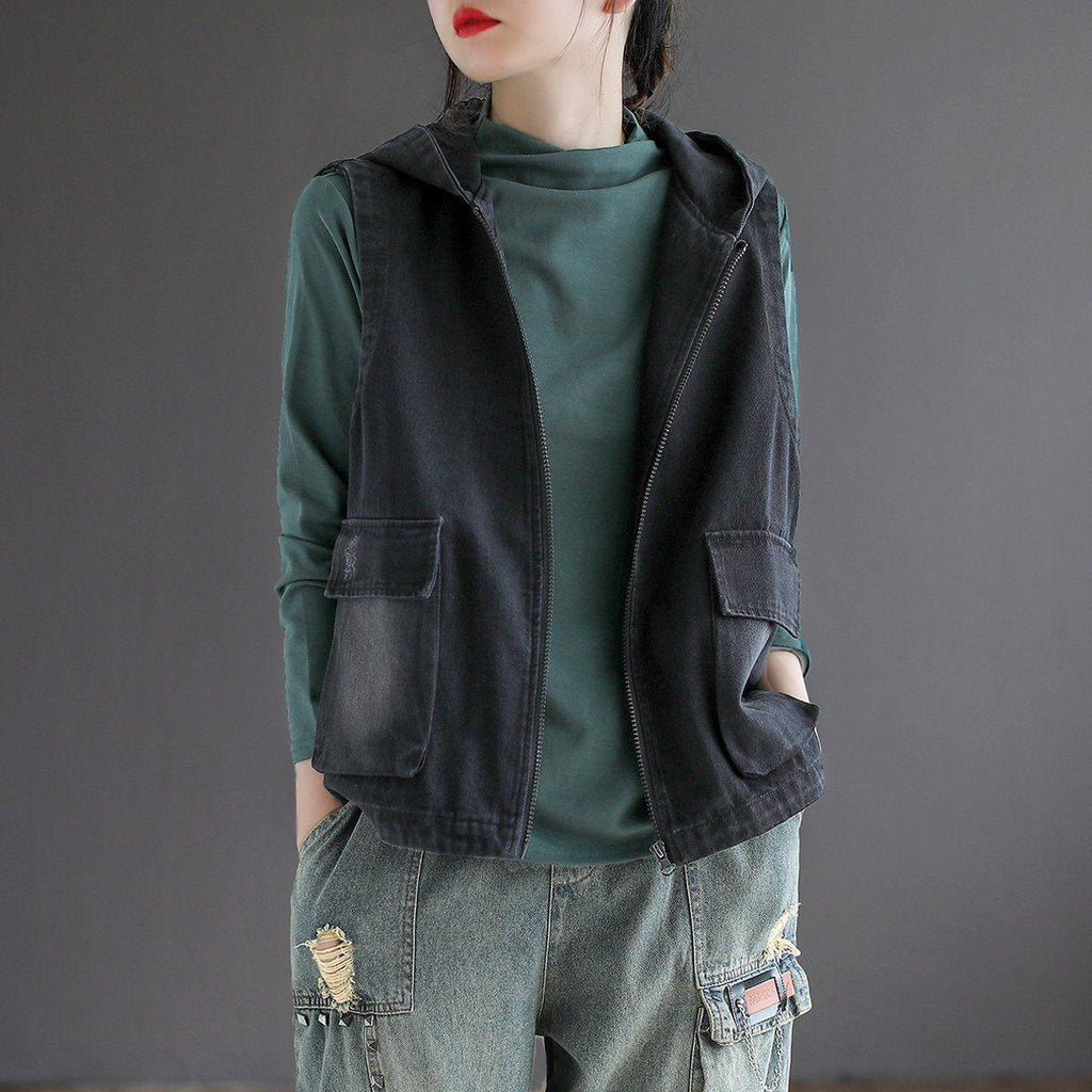 summer hooded zipper loose denim waistcoat