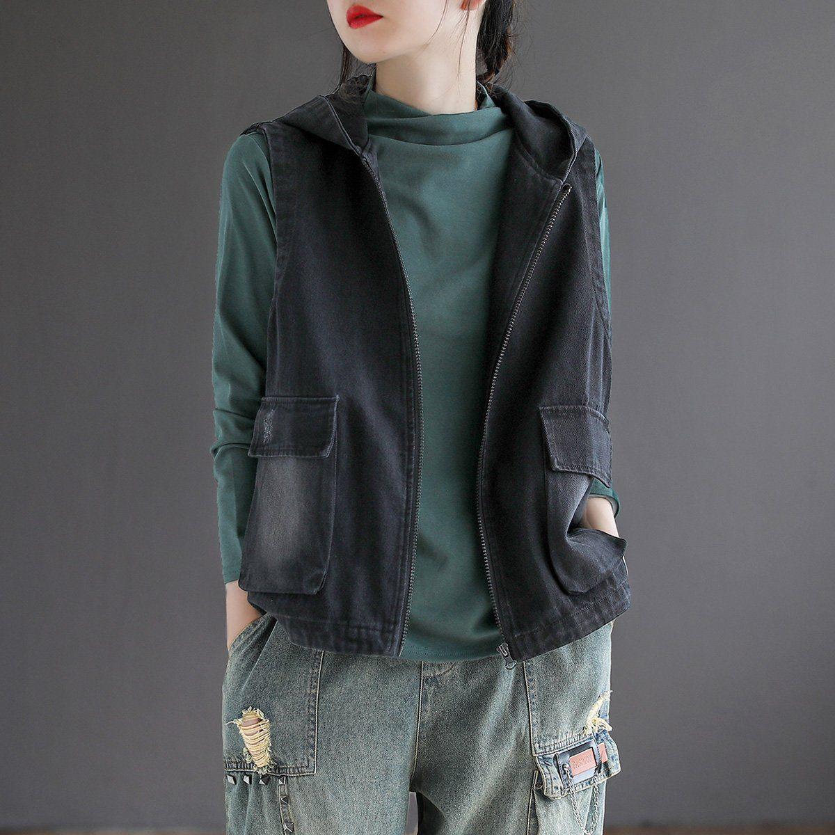 summer hooded zipper loose denim waistcoat
