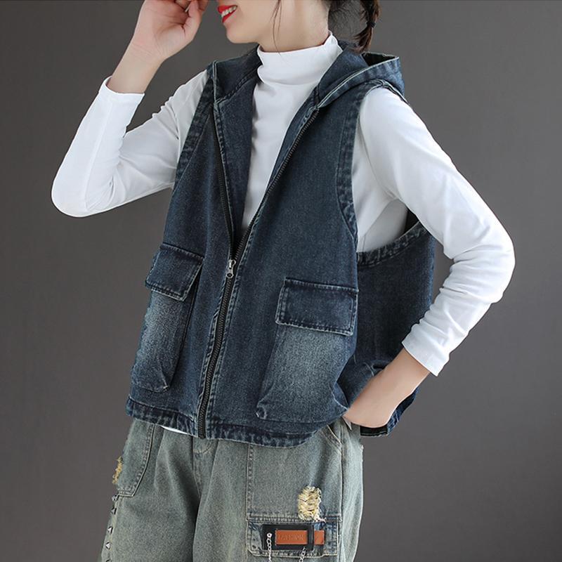 summer hooded zipper loose denim waistcoat