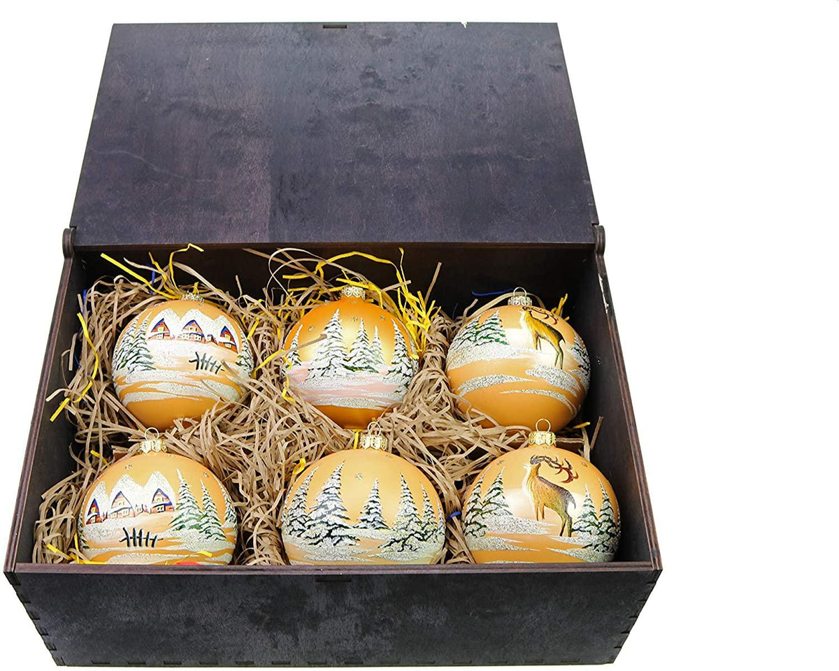 Victoria Bella 4" Christmas Tree Glass Ball, Christmas Motives on a Gold Background Hand-Painted by Skilled Artisian, Set of Christmas Ornaments in a Wooden Box, Set of 6