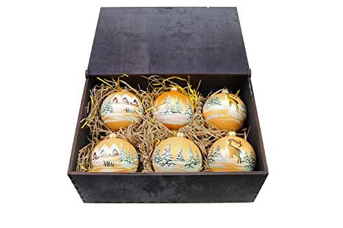 Victoria Bella 4" Christmas Tree Glass Ball, Christmas Motives on a Gold Background Hand-Painted by Skilled Artisian, Set of Christmas Ornaments in a Wooden Box, Set of 6
