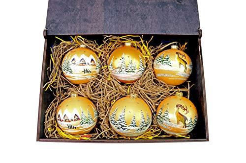 Victoria Bella 4" Christmas Tree Glass Ball, Christmas Motives on a Gold Background Hand-Painted by Skilled Artisian, Set of Christmas Ornaments in a Wooden Box, Set of 6