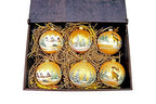 Victoria Bella 4" Christmas Tree Glass Ball, Christmas Motives on a Gold Background Hand-Painted by Skilled Artisian, Set of Christmas Ornaments in a Wooden Box, Set of 6