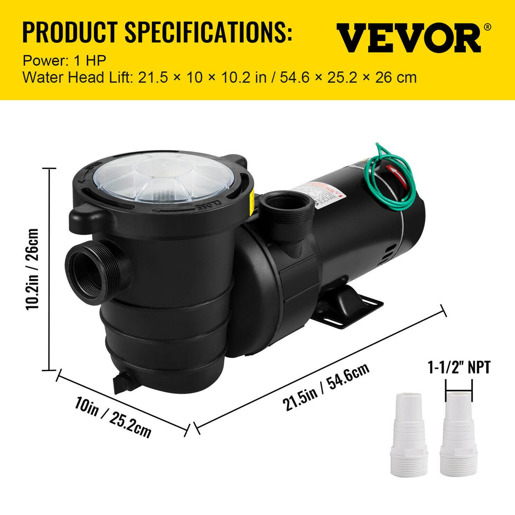vevor 1hp swimming pool pump motor hayward 110v 5227gph in/above ground strainer