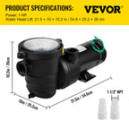 vevor 1hp swimming pool pump motor hayward 110v 5227gph in/above ground strainer
