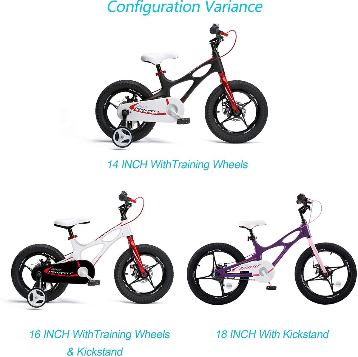 RoyalBaby Kids Bike Boys Girls Space Shuttle 14 16 18 Inch Magnesium Disc Brakes Training Wheels Kickstand Black White Purple 3-9 Years Bicycle