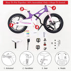 RoyalBaby Kids Bike Boys Girls Space Shuttle 14 16 18 Inch Magnesium Disc Brakes Training Wheels Kickstand Black White Purple 3-9 Years Bicycle