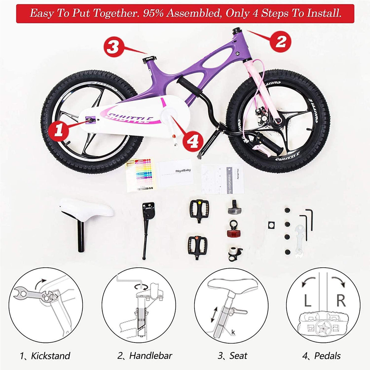 RoyalBaby Kids Bike Boys Girls Space Shuttle 14 16 18 Inch Magnesium Disc Brakes Training Wheels Kickstand Black White Purple 3-9 Years Bicycle
