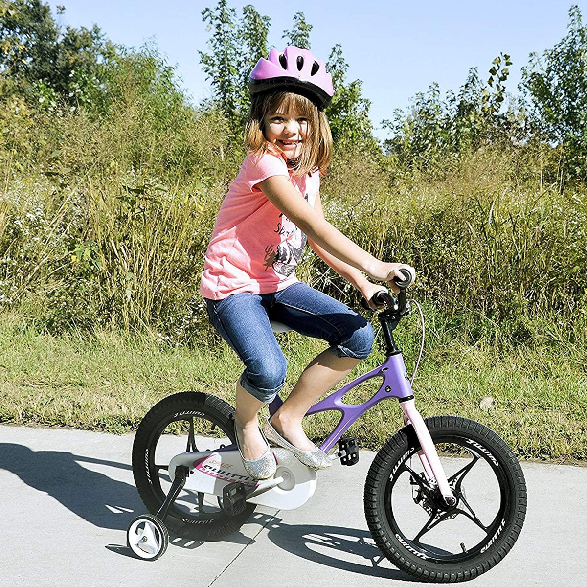 RoyalBaby Kids Bike Boys Girls Space Shuttle 14 16 18 Inch Magnesium Disc Brakes Training Wheels Kickstand Black White Purple 3-9 Years Bicycle