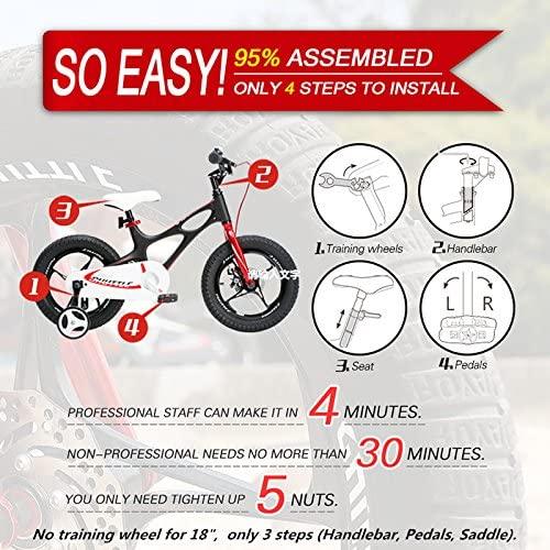 RoyalBaby Kids Bike Boys Girls Space Shuttle 14 16 18 Inch Magnesium Disc Brakes Training Wheels Kickstand Black White Purple 3-9 Years Bicycle