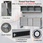 72 inch Rolling Tool Chest with 11 Drawers + 3 Upper Cabinets,  Steel Lockable Tool Cabinet with 6 Blue StoraBins & Power Strip, Assembled Tool Box for Gara(1 × HTC7214W1)