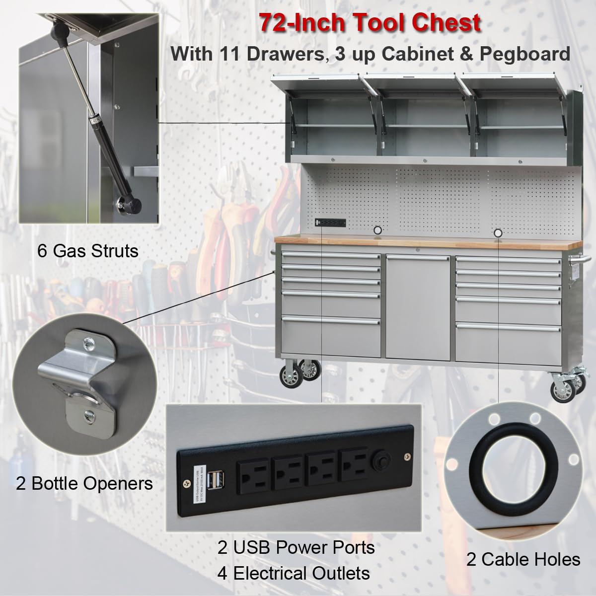 72 inch Rolling Tool Chest with 11 Drawers + 3 Upper Cabinets,  Steel Lockable Tool Cabinet with 6 Blue StoraBins & Power Strip, Assembled Tool Box for Gara(1 × HTC7214W1)