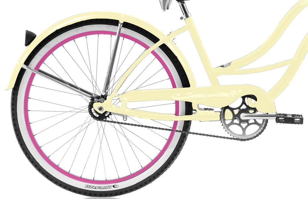 Micargi TAHITI 26" Beach Cruiser Coaster Brake  Steel Spokes One Piece Crank Alloy Pink Rims 36H With Fenders Color: Vanilla/ Pink