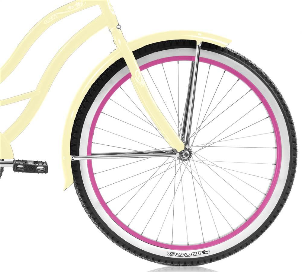 Micargi TAHITI 26" Beach Cruiser Coaster Brake  Steel Spokes One Piece Crank Alloy Pink Rims 36H With Fenders Color: Vanilla/ Pink