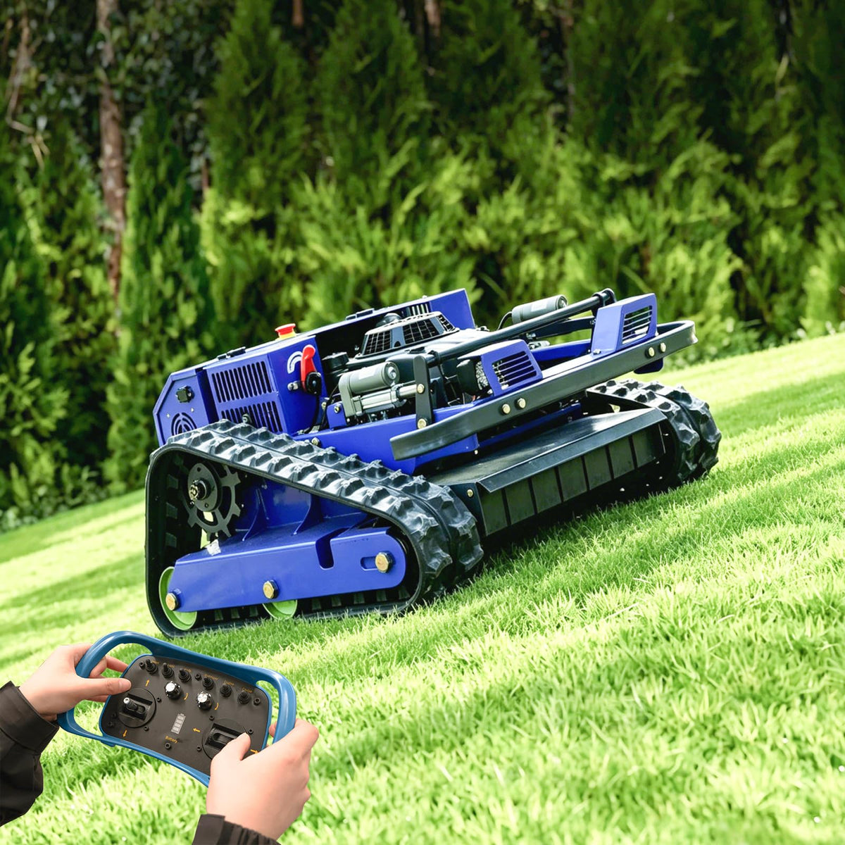 Remote Control Lawn Mower,Oil-Electric Hybrid Crawler Track Mower,1.1-5.9 Inch Cutting Height Professional Landscape and Estate Mower for Slope(45°) LarTurf Grass Cutting