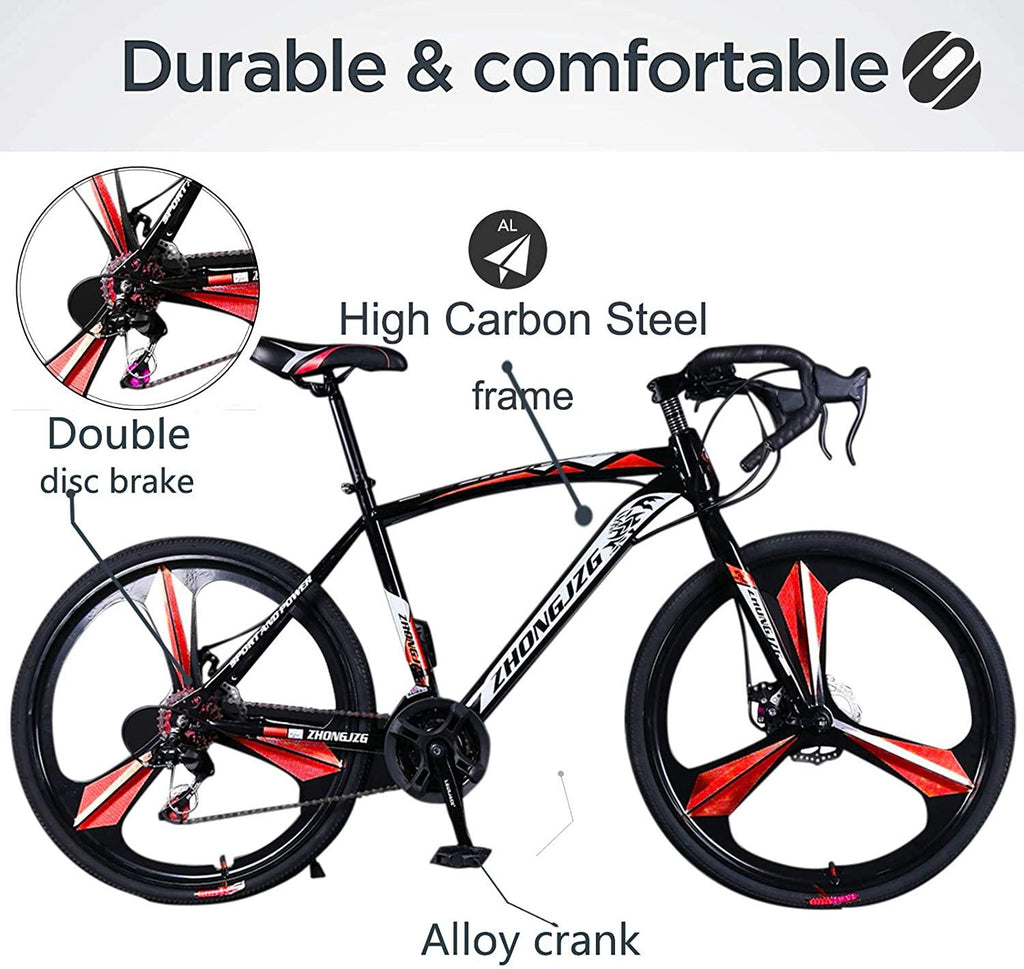 High Carbon Steel Road Bike for Men Women,700C Wheels Road Bike 21 Speed Dual Disc Brake, Spoke/Knife Wheel Style, for Entry Level Or Commuting
