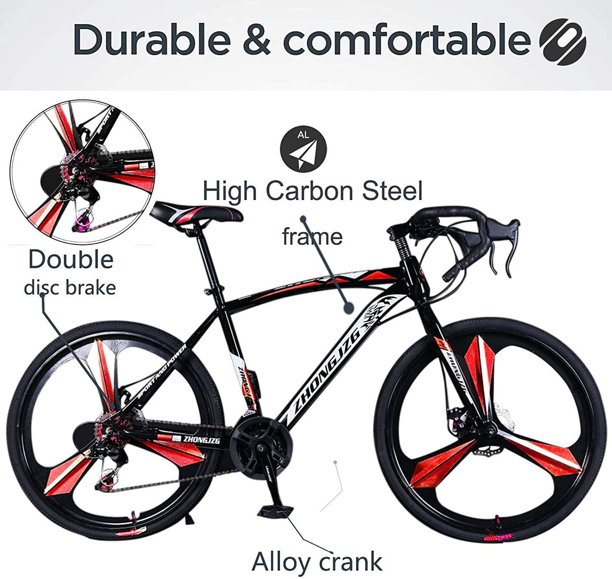 High Carbon Steel Road Bike for Men Women,700C Wheels Road Bike 21 Speed Dual Disc Brake, Spoke/Knife Wheel Style, for Entry Level Or Commuting