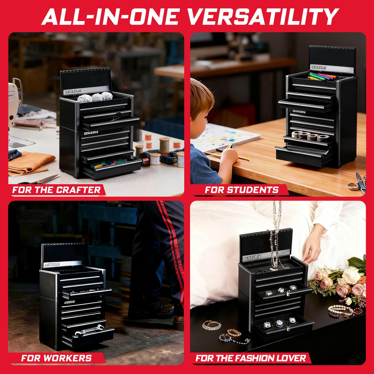 8-Drawer Rolling Black Tool Box, Heavy Duty Micro Roll Cab Steel Stackable Tool Chest with Lockable Drawers, 2-in-1 Lar& Compact Combo Set (3-Drawer + 5-Drawer) for Garage, Workshop