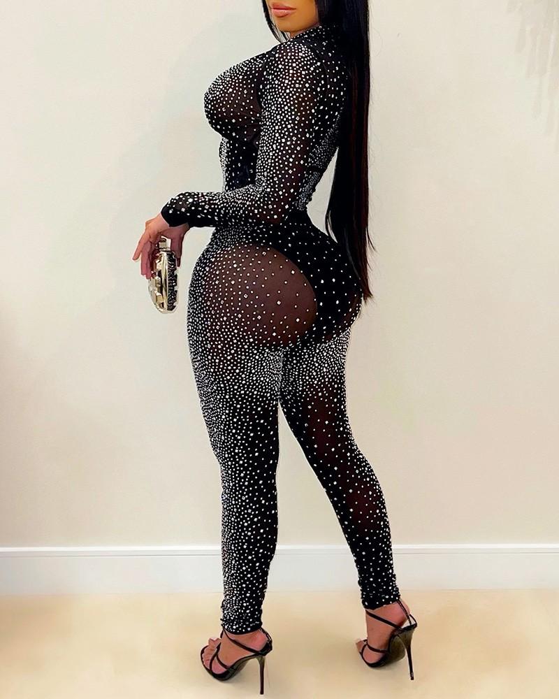 mesh plunge studded top &amp; high waist pants set