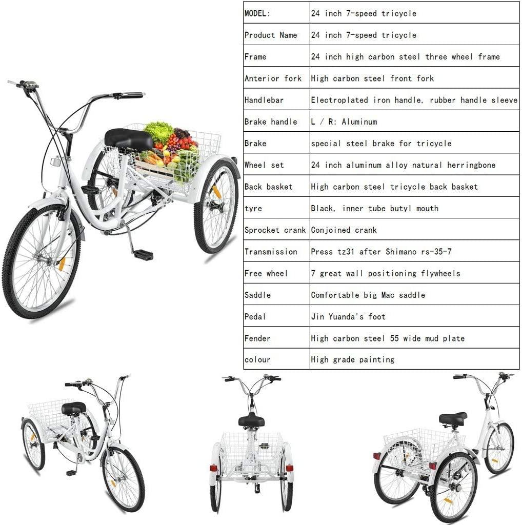 HomeCiCi Mountain Tricycle for Adults, 3 Wheeled 7-Speed Mountain Tricycle 24 inch Men's Women's Tricycles Cruiser Bike, Adjustable Padded Seat, Practical LarBasket, W/Installation Tools