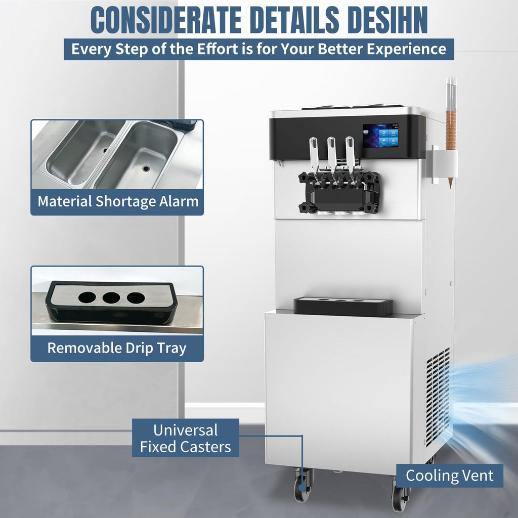 Commercial Ice Cream Machine - 110V 2450W 3 Flavors Soft Serve Ice Cream Machine 5.3 to 7.4 Gallons/H Auto Clean LCD Touch Screen Ideal Soft Serve Maker for Snack Restaurants Bars