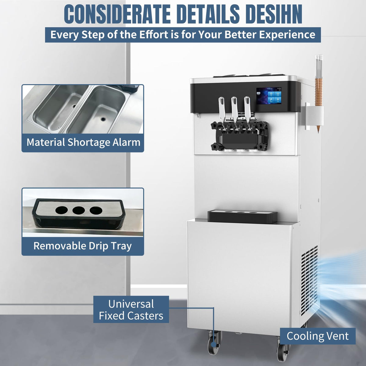 Commercial Ice Cream Machine - 110V 2450W 3 Flavors Soft Serve Ice Cream Machine 5.3 to 7.4 Gallons/H Auto Clean LCD Touch Screen Ideal Soft Serve Maker for Snack Restaurants Bars