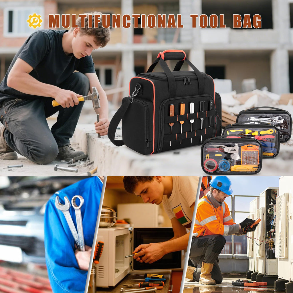 Tool Bag with 3 Removable Cases, 2 Layers Tool Tote for Hand Tools, Black with Red Binding