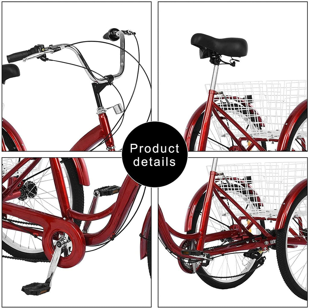 24 inch Adult Tricycles 7 Speed, Adult Trikes 3 Wheel Bikes, Three-Wheeled Bicycles Cruise Trike with Shopping Basket for Seniors, Women, Men.