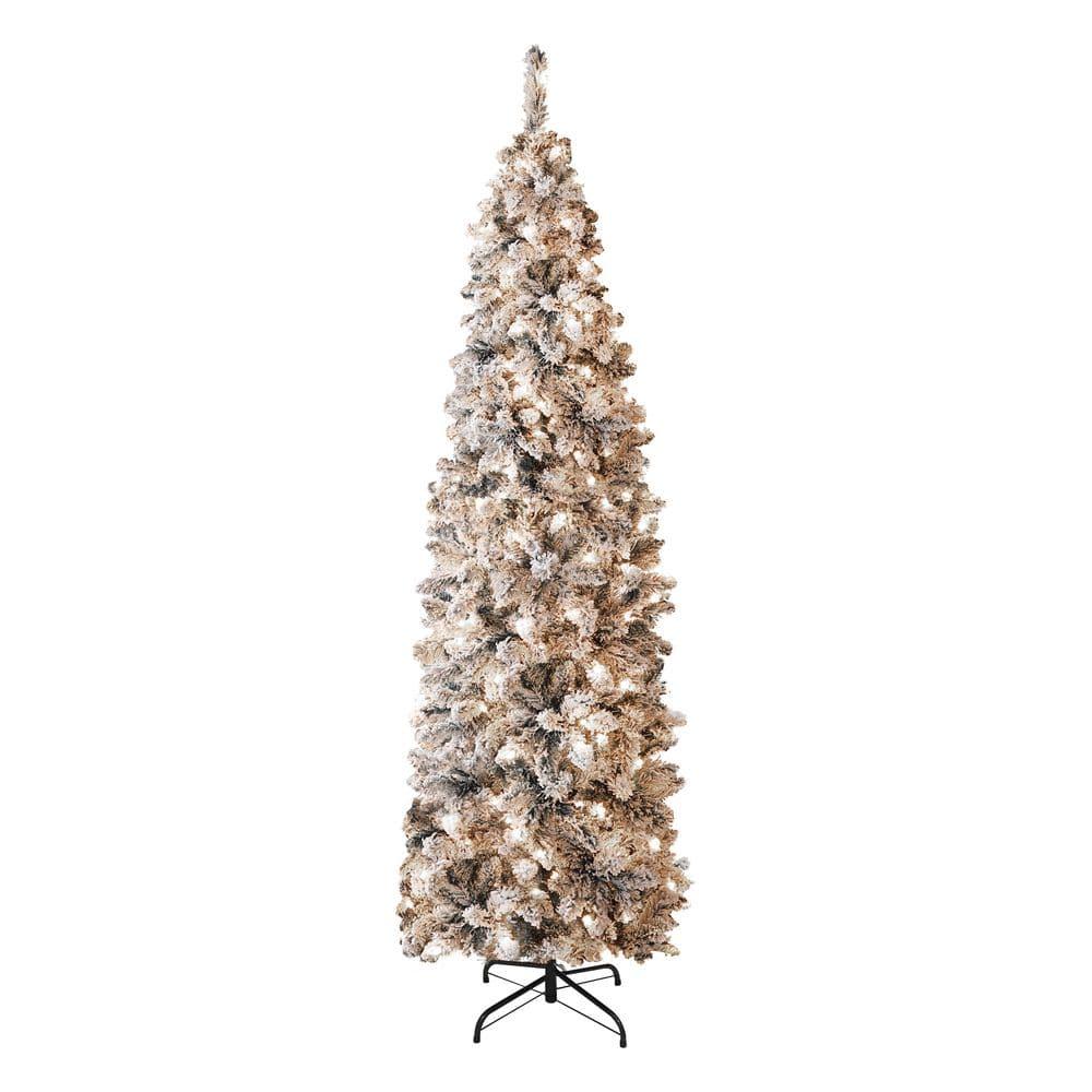 7.5 ft. Christmas Tree White Flocked Pencil Artificial Tree with LED Lights