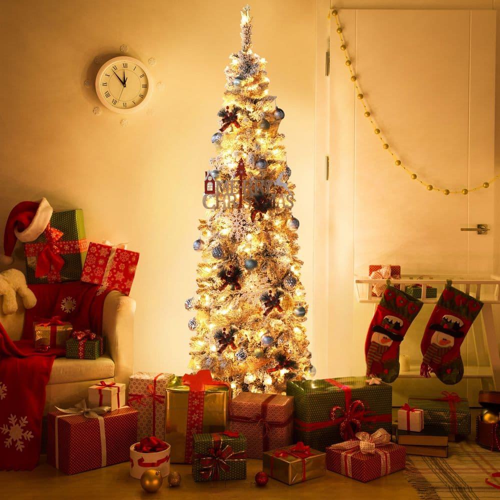 7.5 ft. Christmas Tree White Flocked Pencil Artificial Tree with LED Lights
