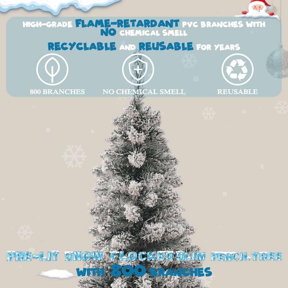 7.5 ft. Christmas Tree White Flocked Pencil Artificial Tree with LED Lights