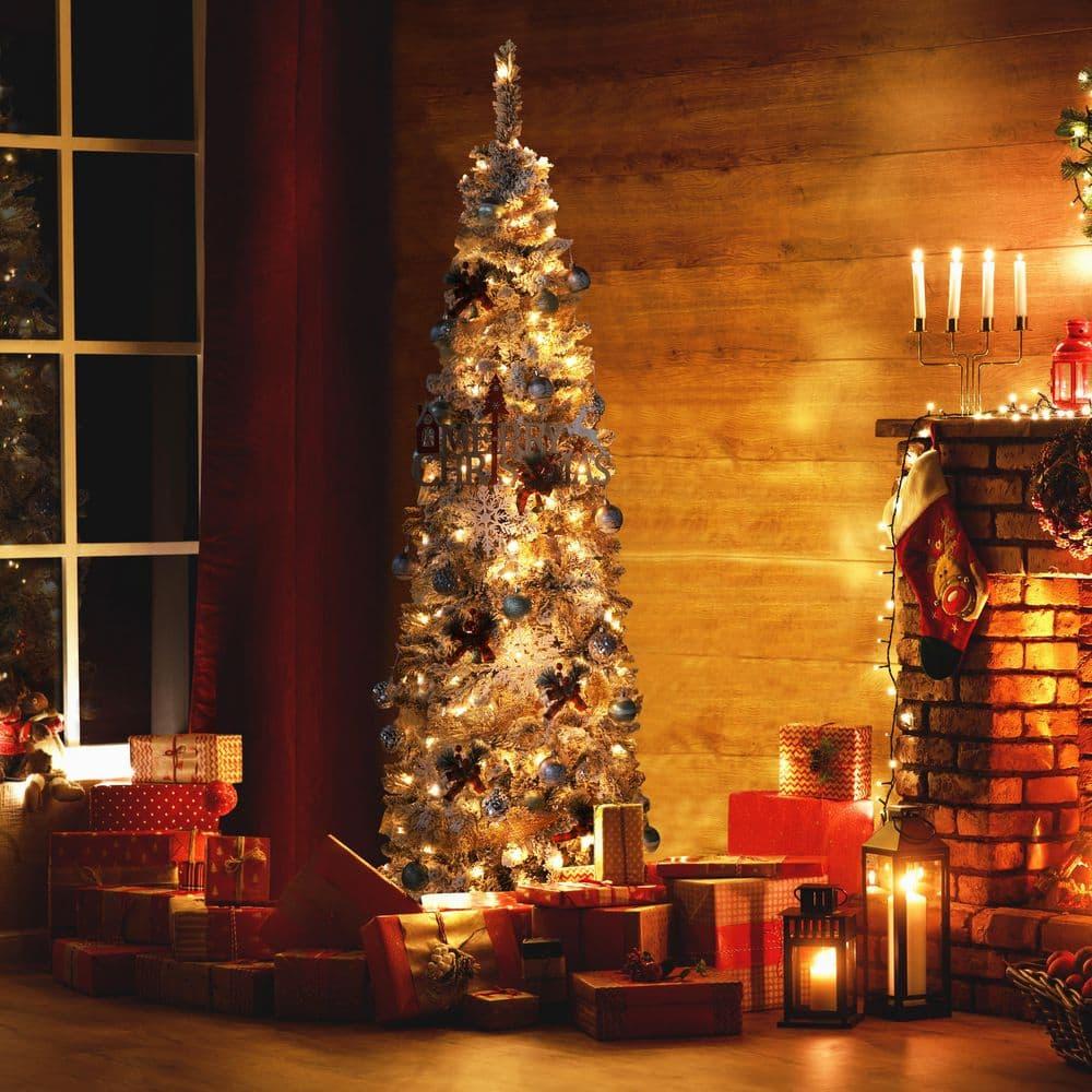 7.5 ft. Christmas Tree White Flocked Pencil Artificial Tree with LED Lights