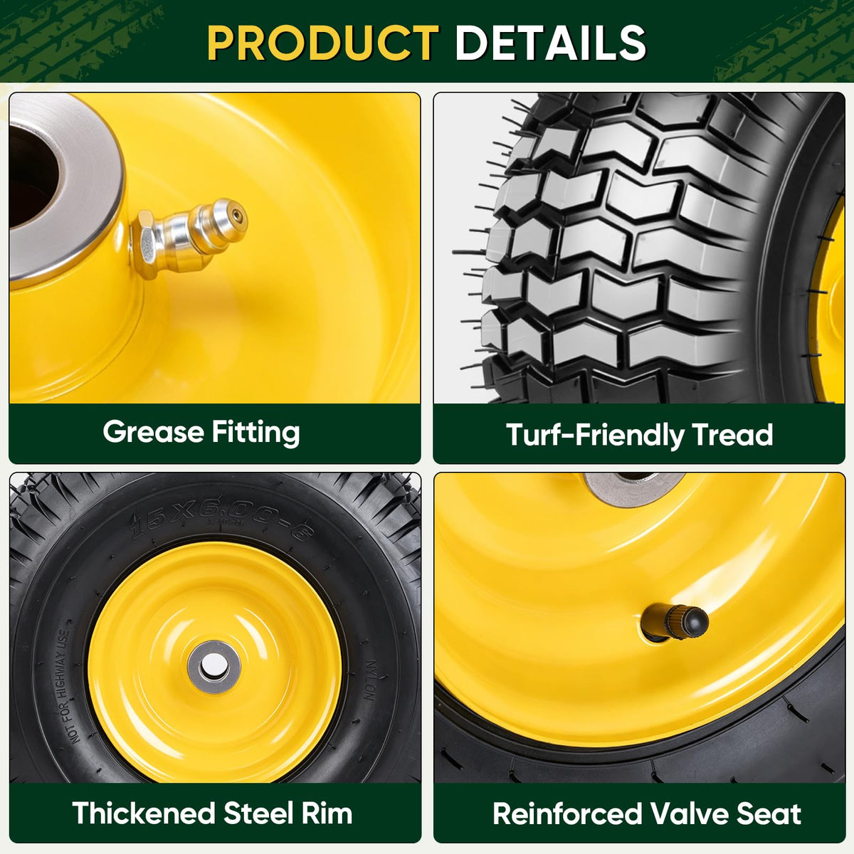 2PK 15x6.00-6nhs Lawn Mower Tires, Pneumatic Front Tire and Wheel Assemblies, 3" Centered Hub and 3/4" Bushings, 550lbs Load Capacity (Yellow)