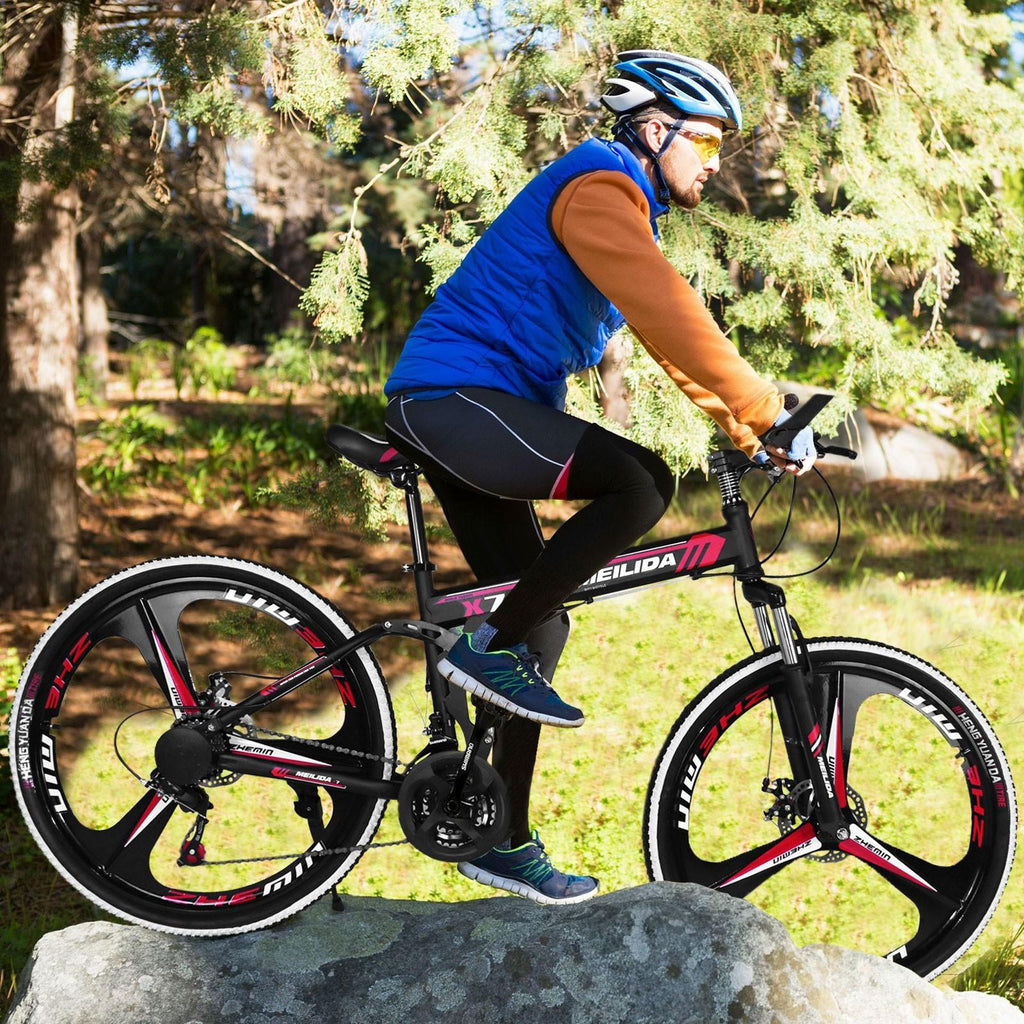 Hotwon Unisex 26in Folding Mountain Bike s 21 Speed Bicycle Full Suspension MTB Bikes,Red