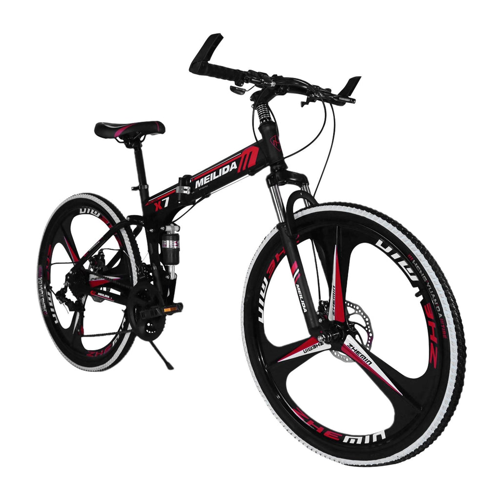 Hotwon Unisex 26in Folding Mountain Bike s 21 Speed Bicycle Full Suspension MTB Bikes,Red