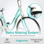 Hugncmy 26" Beach Cruiser Bike, Ladies Classic Retro Bicycle Commuter Bike, Single Speed Bicycle for Woman