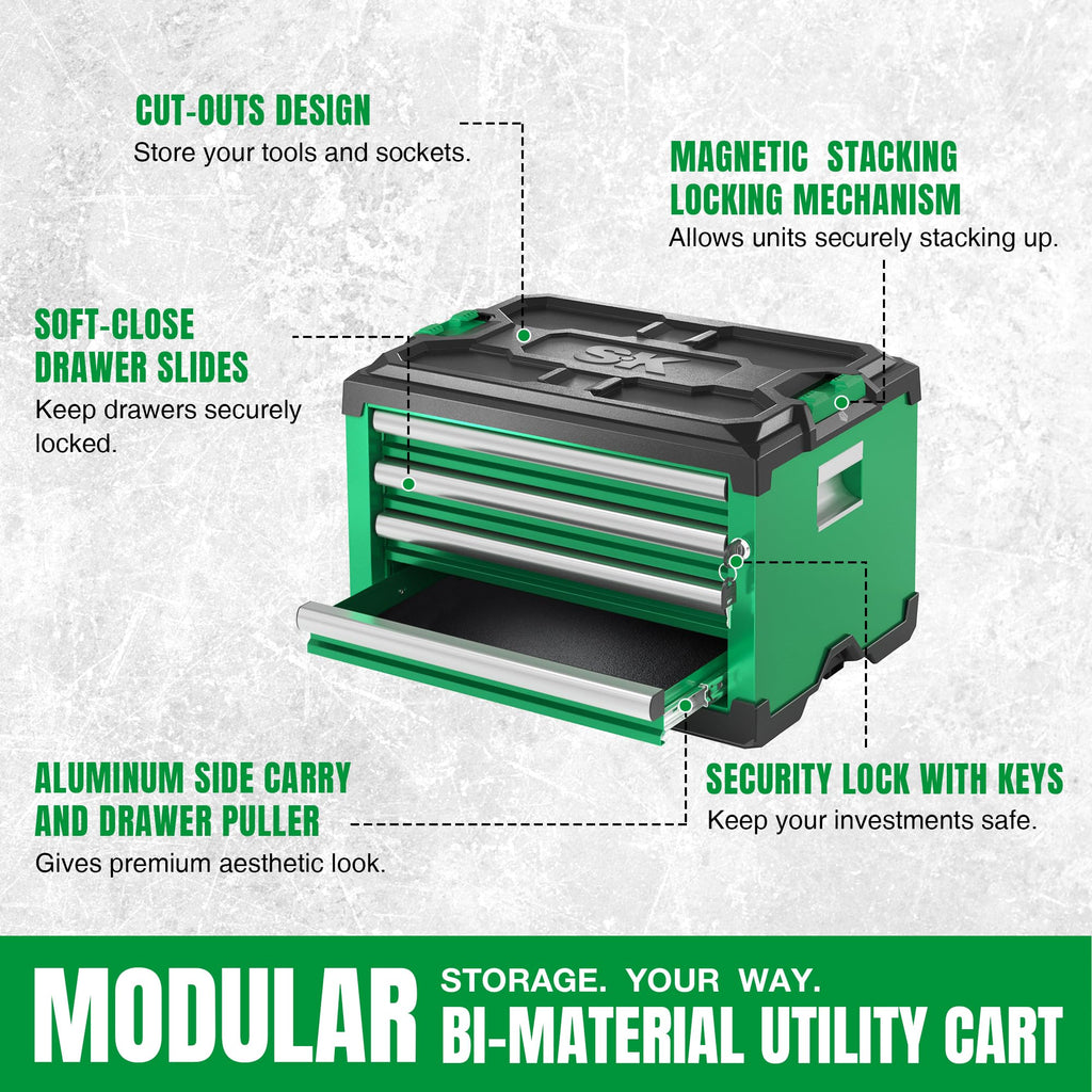 Modular Stackable StoraTool Box, 20.5 Inch, 4-Drawer Steel Box, Magnetic Auto-Lock Mechanism, Holds up to 60 Pounds