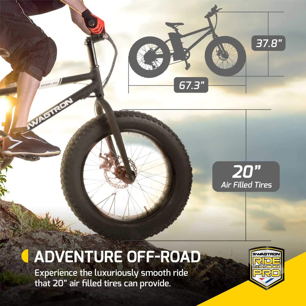 Swagtron EB-6 Bandit E-Bike 350W Motor, Power Assist, 4” Tires, 20” Wheels, Removable 36V Lithium Ion Battery, Dual Disc Brakes– Electric Bike 7-Speed  SIS Shifting  for Trail Riding