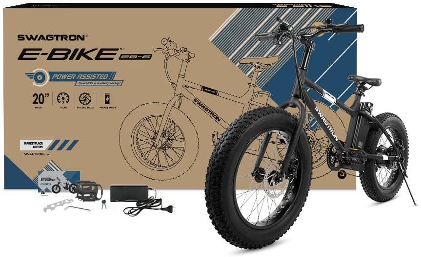 Swagtron EB-6 Bandit E-Bike 350W Motor, Power Assist, 4” Tires, 20” Wheels, Removable 36V Lithium Ion Battery, Dual Disc Brakes– Electric Bike 7-Speed  SIS Shifting  for Trail Riding