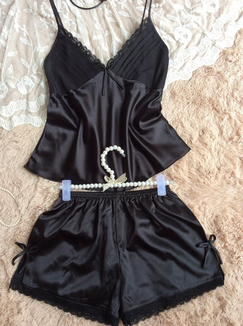 Clothing -  Women Sexy Deep V-neck Sleeveless Silk Lace Top With Shorts Sleepwear Set
